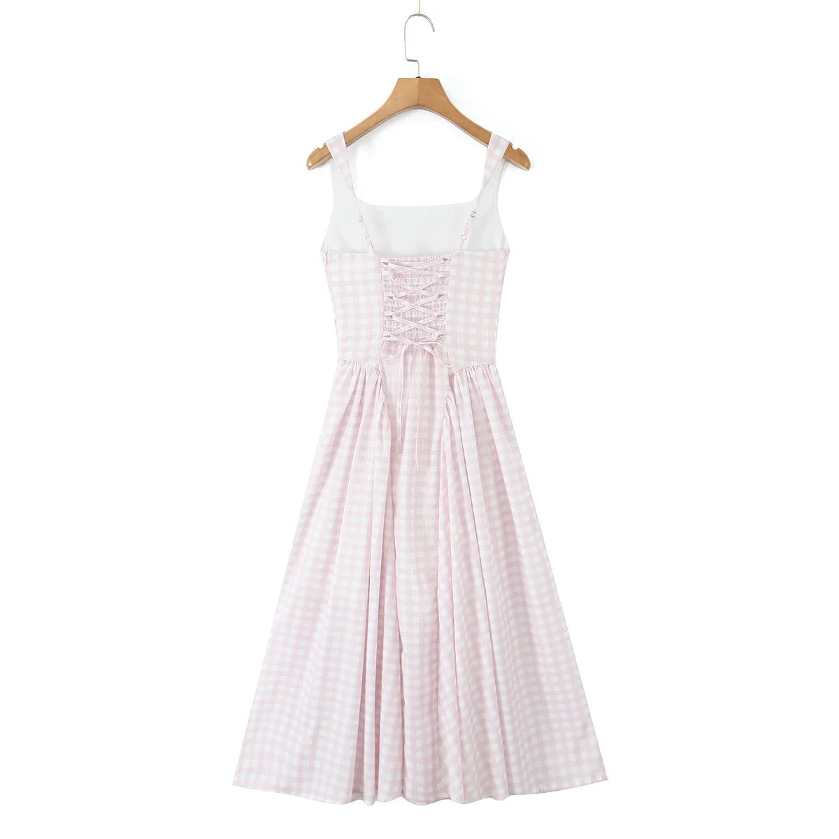 Sexy Sleeveless Elegant Plaid Dress Women Lace Up Back A-line Midi Summer Dresses Party Robe