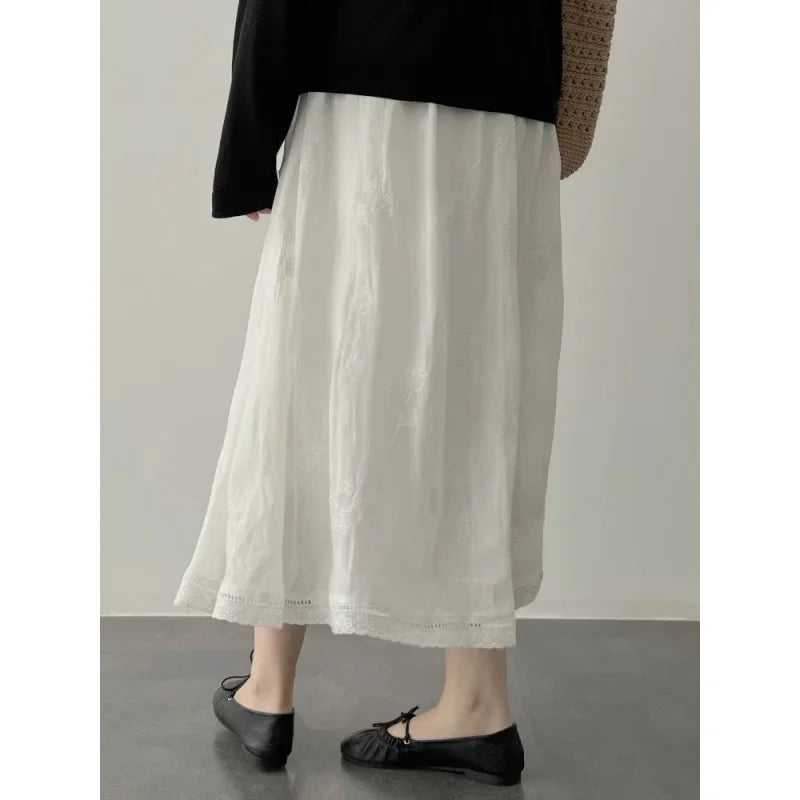 French Style A- Line Cotton Linhing Skirt Women's Summer High Waist Slimming Loose Midi Skirt Tea Break Fashion plus Size