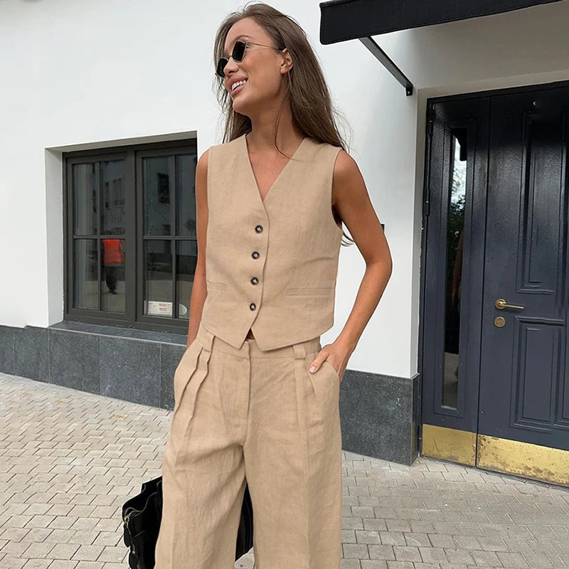 Cotton Linen Blend Vest Wide Leg Pants Suit Spring and Summer Women's Casual Fashion Sleeveless Vest Pleated Low Waist Pants Set