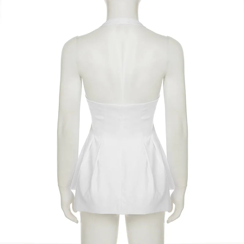 Tuularose White Sexy Top Elegant V Neck Slim Sleeveless Backless Top Casual Beach Vacation High Street Commuter Female Tops 2025