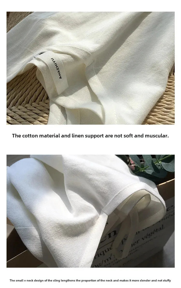 Pure Color Cotton Linen Sleeveless V-Neck Women's Tank Top Loose Fit Simple Style Outerwear Casual Comfortable Vest