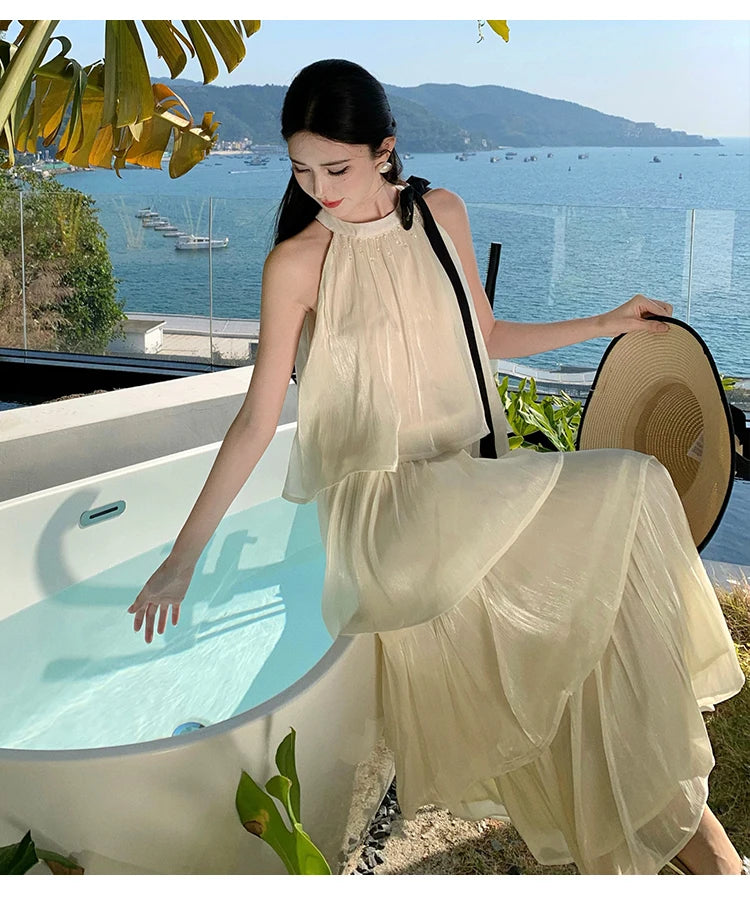 Vintage Women Beige Elegant Off Shoulder Evening Party Dress Summer Sleeveless Vacation Pleated Halter Cake Long Sundress Simple