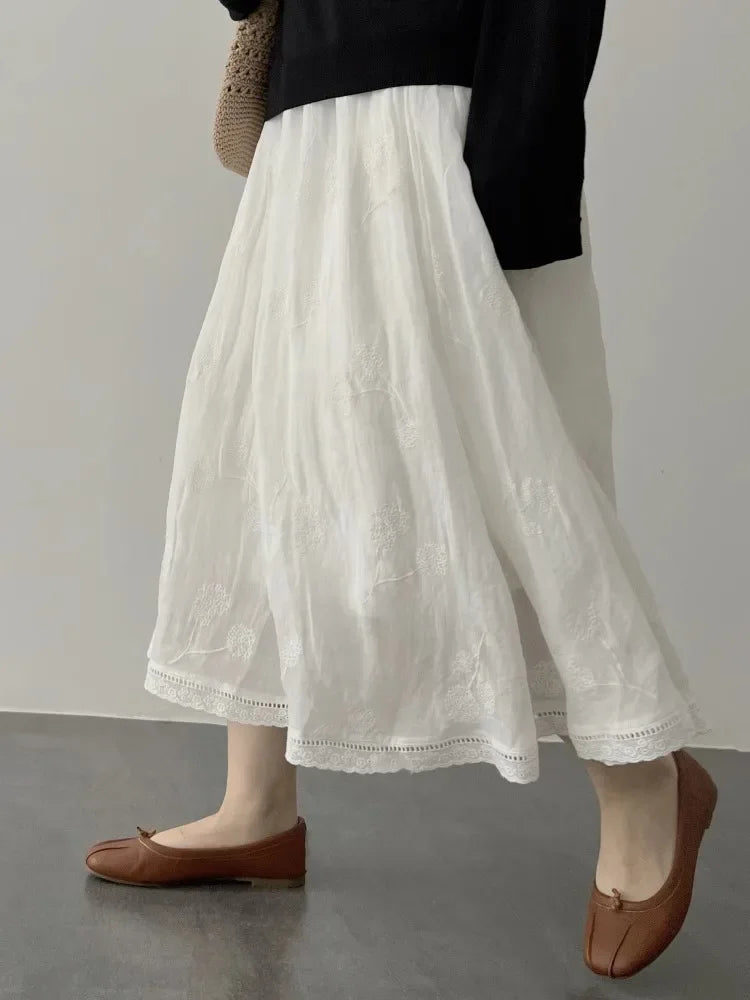 French Style A- Line Cotton Linhing Skirt Women's Summer High Waist Slimming Loose Midi Skirt Tea Break Fashion plus Size