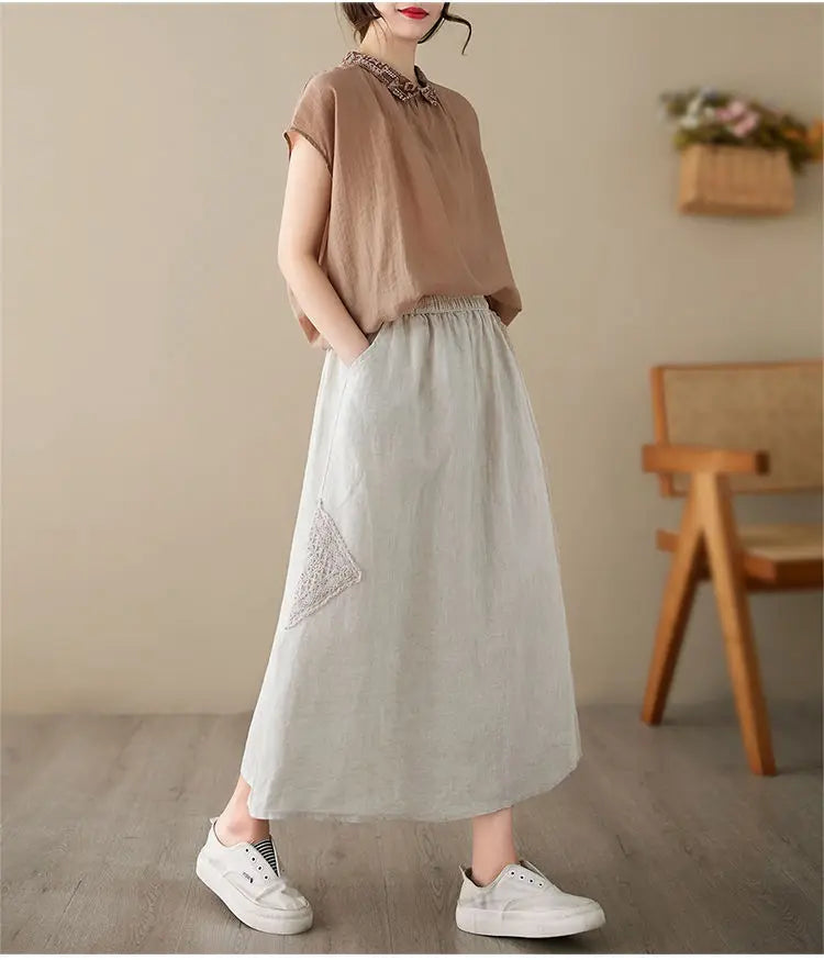High Waist Casual Embroidery Skirts Women New Arrival 2024 Summer Vintage Style Solid Cotton Linen Female A-line Long Skirt