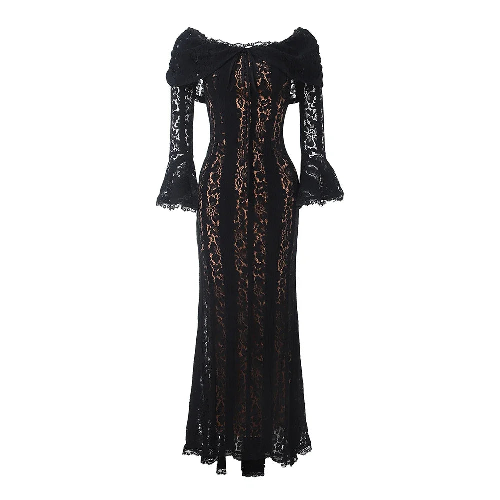 Oligai Winter Lace Long Sleeve Evening Party Dresses Women 2025 Black Sexy Elegant Maxi Dress Fashion Long Wedding Guest Dress