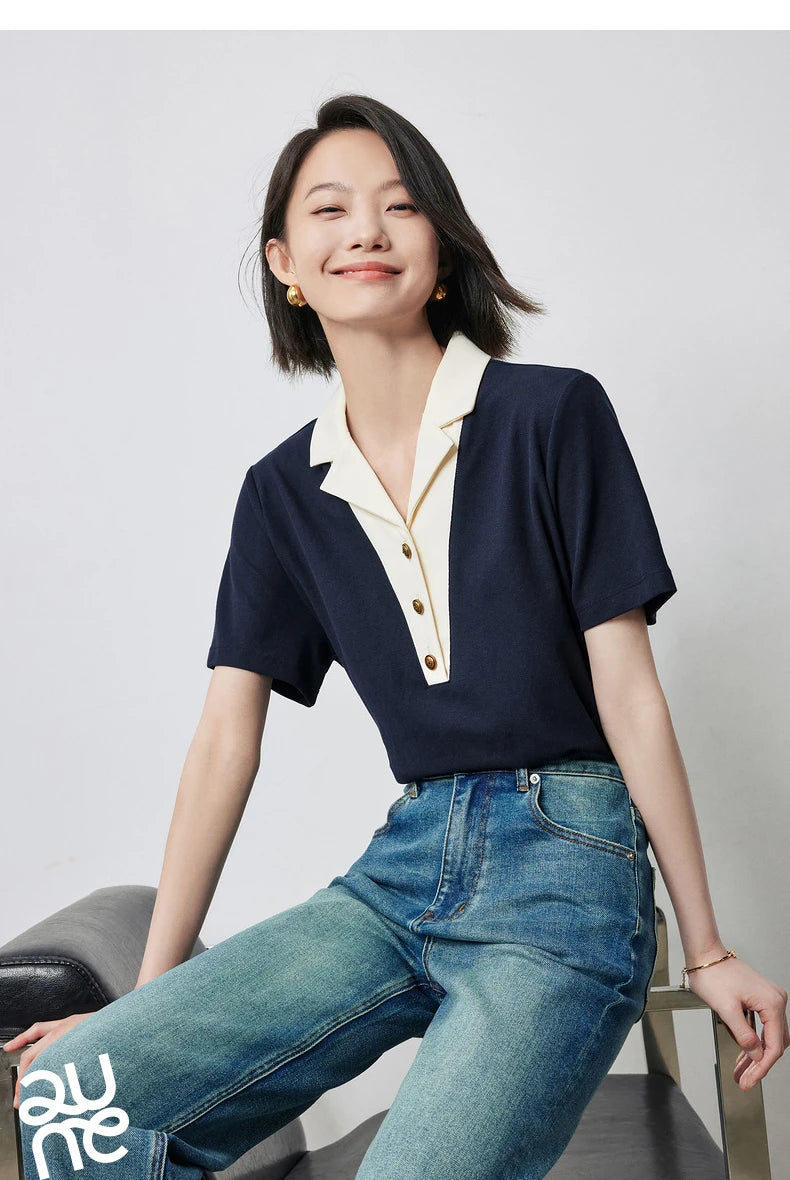 TOYOUTH Women Contrasting Colors POLO Collar T-shirt 2025 Summer New Short Sleeved Top