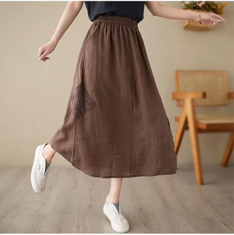 High Waist Casual Embroidery Skirts Women New Arrival 2024 Summer Vintage Style Solid Cotton Linen Female A-line Long Skirt