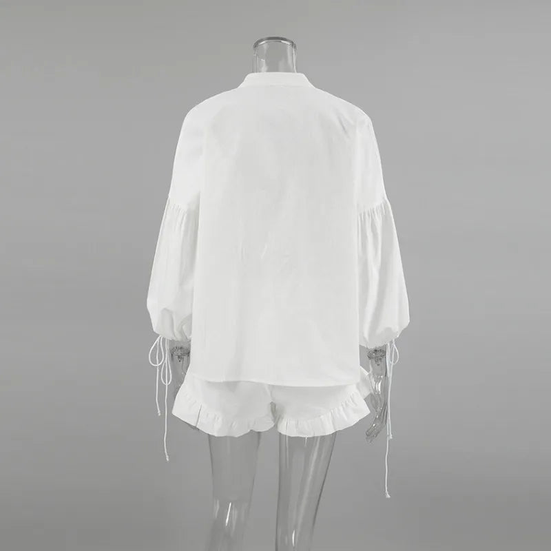 Tuularose White V-neck Shorts Set 2025 Summer Patchwork Lacing Cotton Linen Loose Women Two Piece Casual Solid Long Sleeve Suit
