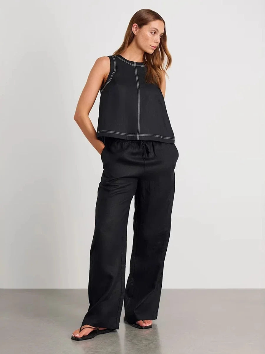 Wolfeel Cotton Linen Vest Wide Leg Long Pants Set Women's Pants Sleeveless Top Casual Suit 2025 Spring Summer New Pant Sets
