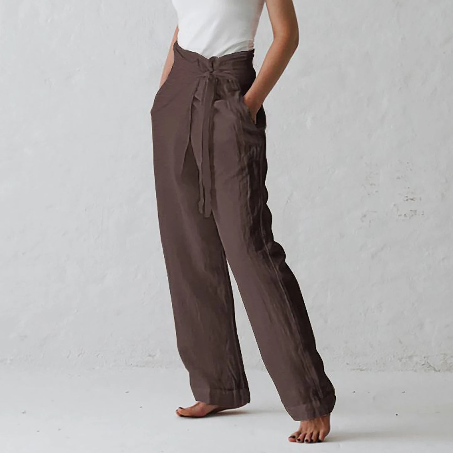 Women Solid Color Elastic Binding Foot Casual Pocket Pants Summer 2024 Elegant Lady Cotton Line High Wasit Women Pants