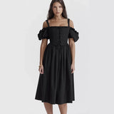 Classic Black One-Shoulder Short-Sleeve Women's Dress Elegant Waist-Cinched Midi Skirt Fashionable Ankle-length Gown