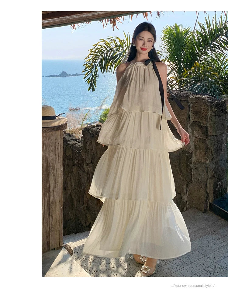 Vintage Women Beige Elegant Off Shoulder Evening Party Dress Summer Sleeveless Vacation Pleated Halter Cake Long Sundress Simple