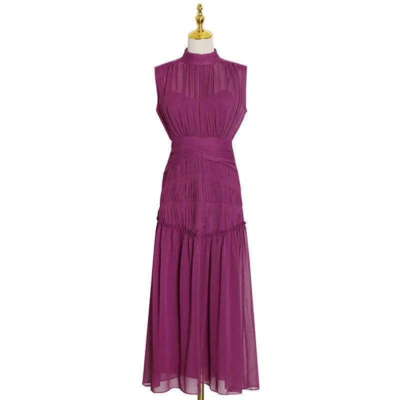 TWOTWINSTYLE Vintage Ruched Dress For Women Stand Collar Sleeveless High Waist Chiffon Midi Dresses Female 2022 Fashion New