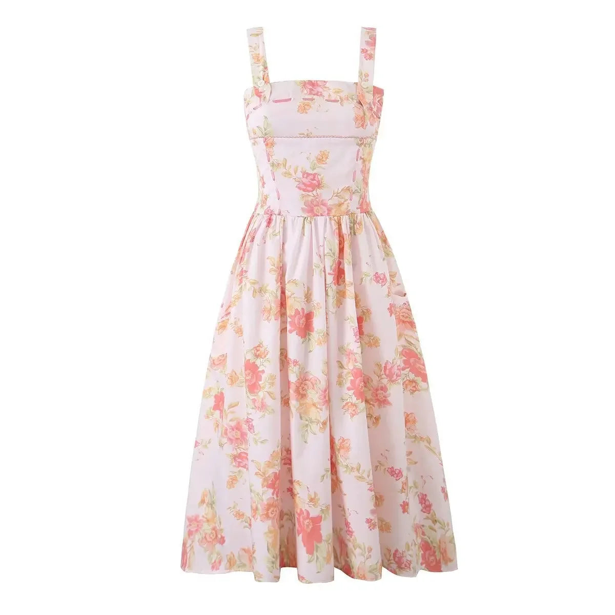 SAW Independent Station Pure Desire Square Collar Dress with Pocket Pink Print Ribbon Corduroy Sleeveless Women's Dress