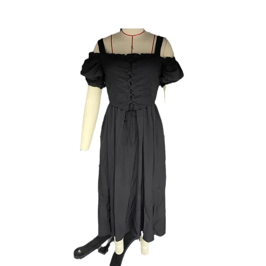 Classic Black One-Shoulder Short-Sleeve Women's Dress Elegant Waist-Cinched Midi Skirt Fashionable Ankle-length Gown