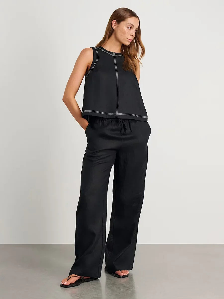 Wolfeel Cotton Linen Vest Wide Leg Long Pants Set Women's Pants Sleeveless Top Casual Suit 2025 Spring Summer New Pant Sets