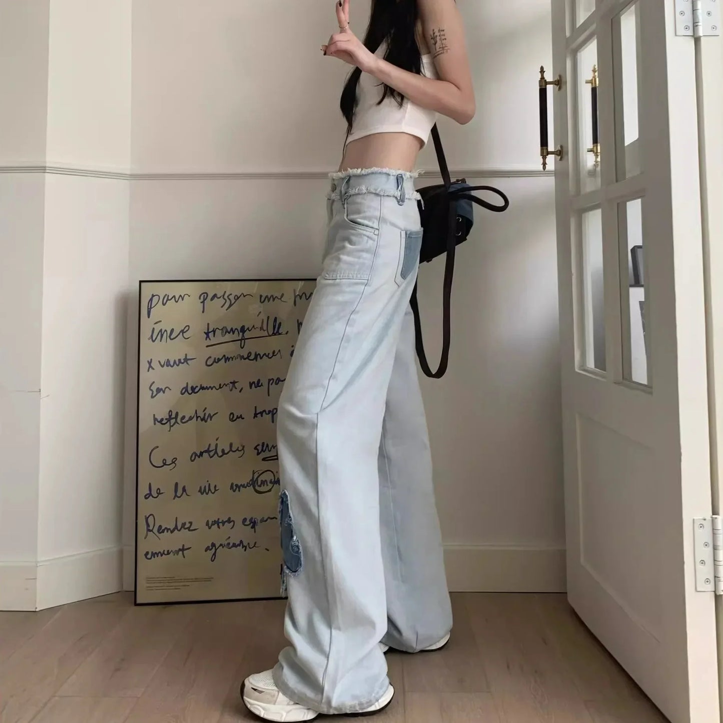 Korean Style High-Waisted Wide-Leg Jeans For Women Spring New Loose-Fit Shallow Blue Butterfly Hollow Out Straight-Leg Pants