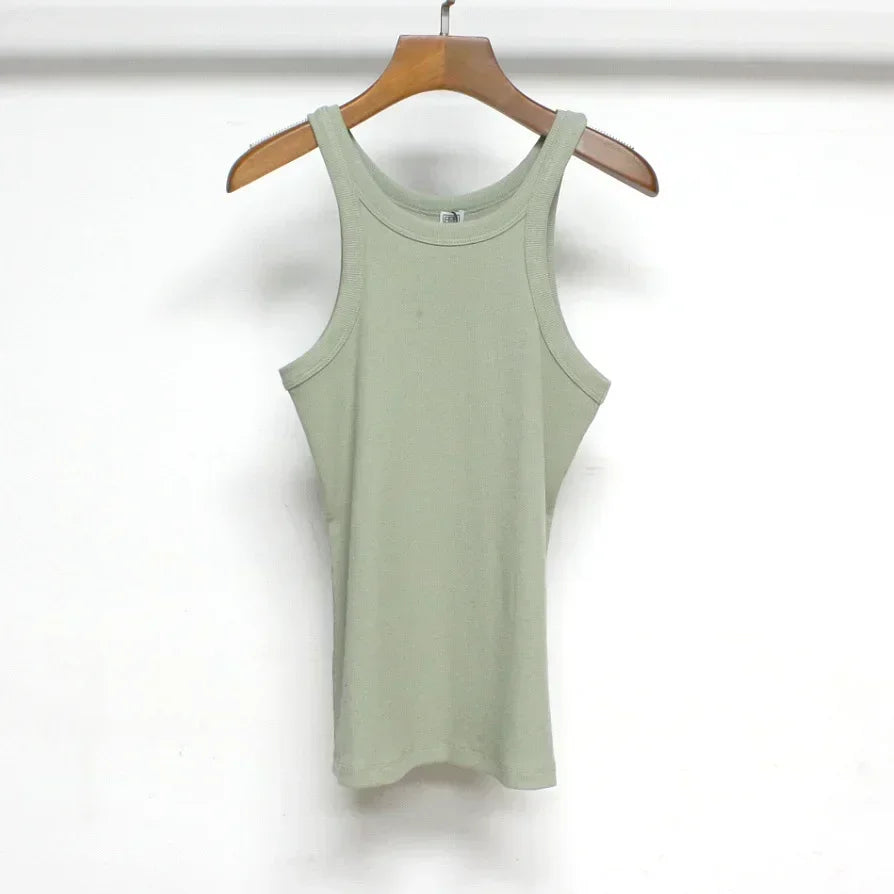 (High Quality)2025 Women Tops Racer Vest Women Solid Color All-match Elastic Cotton Espera Base Vest LUXURY Nordic Style Casual