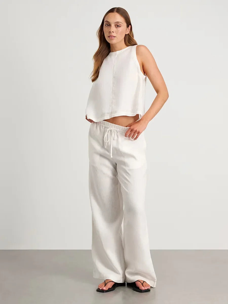 Wolfeel Cotton Linen Vest Wide Leg Long Pants Set Women's Pants Sleeveless Top Casual Suit 2025 Spring Summer New Pant Sets