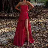 Casual Mesh Patchwork Women's Long Dress Fashion Strapless Split Banquet Dress 2025 Spring Summer Elegant Solid Holiday Dresses