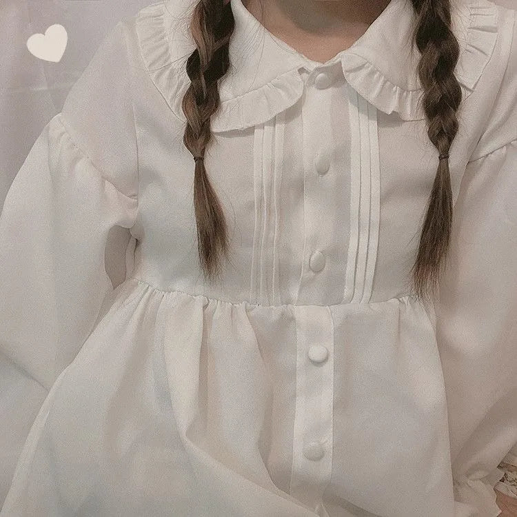 Women's Summer Spring Dress White Black Long Sleeves Lolita Dresses Ruffles Peter Pan Collar Preppy Style Princess Fairy Cute