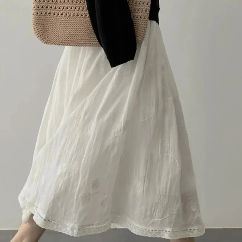French Style A- Line Cotton Linhing Skirt Women's Summer High Waist Slimming Loose Midi Skirt Tea Break Fashion plus Size