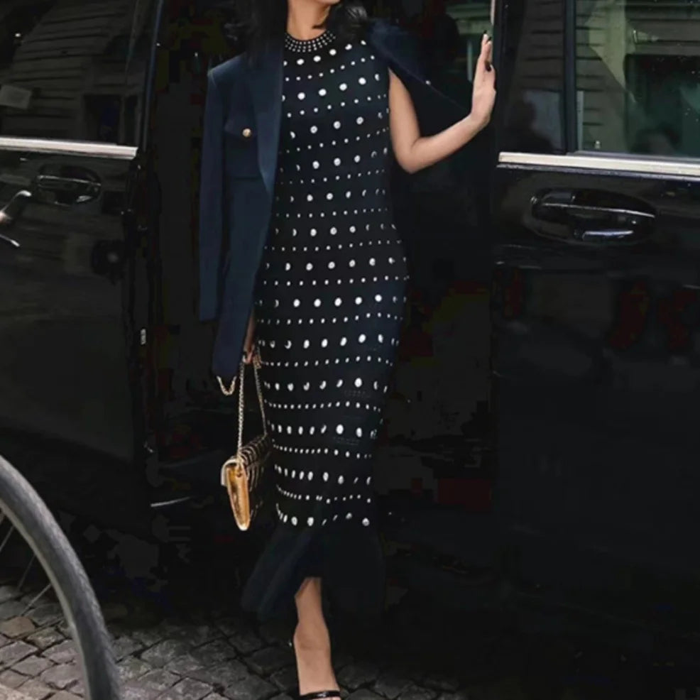Diamond Decoration Women Sleeveless Knit Robe Black O-Neck Hem Ruffles Female Elegant Slim Midi Dress 2024 Early Autumn 5240265