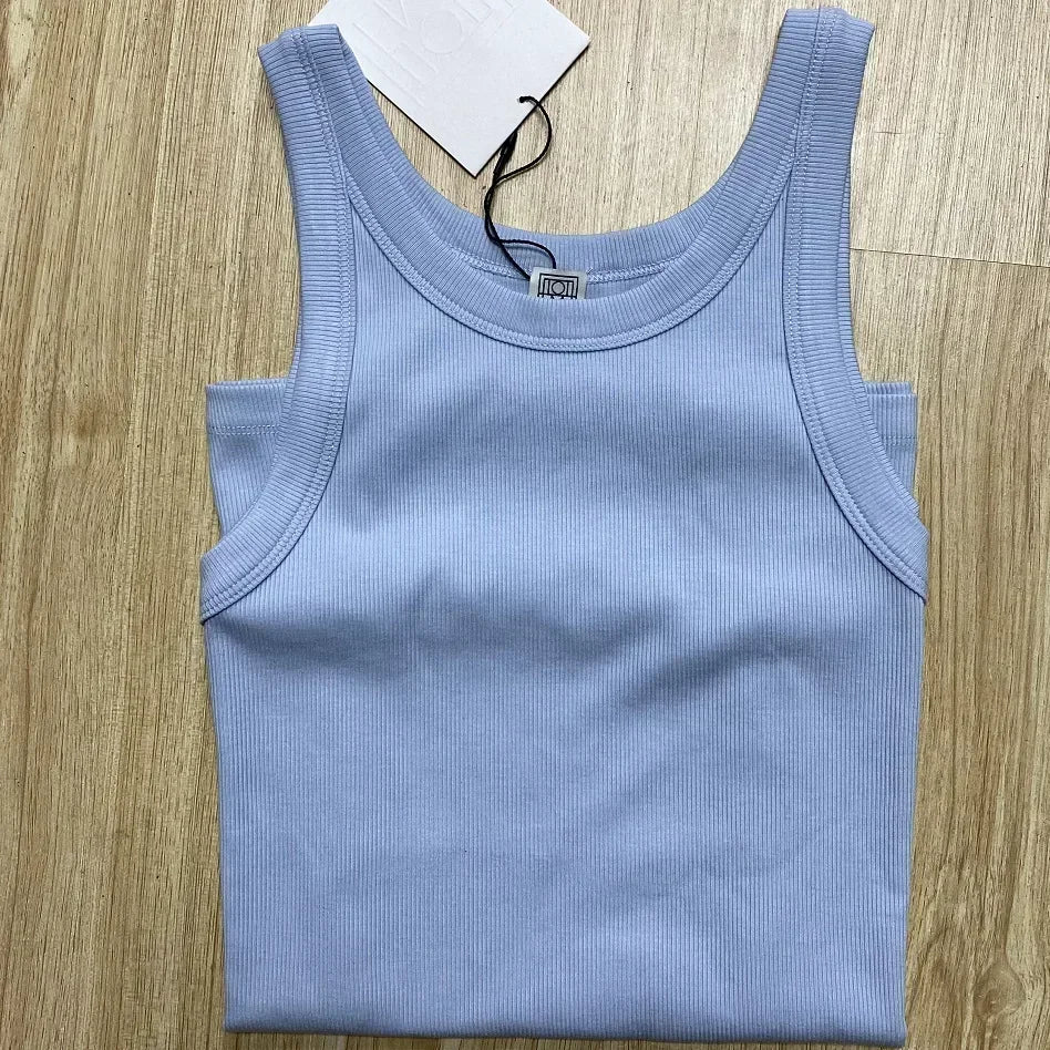 (High Quality)2025 Women Tops Racer Vest Women Solid Color All-match Elastic Cotton Espera Base Vest LUXURY Nordic Style Casual
