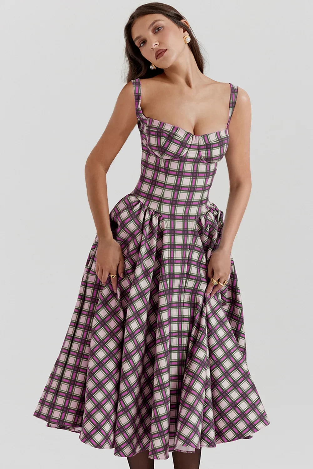 Women's French Style Long Dress with Solid/Floral/Checkered Multi Color Options Knee-Length Dress 2025 New Arrival