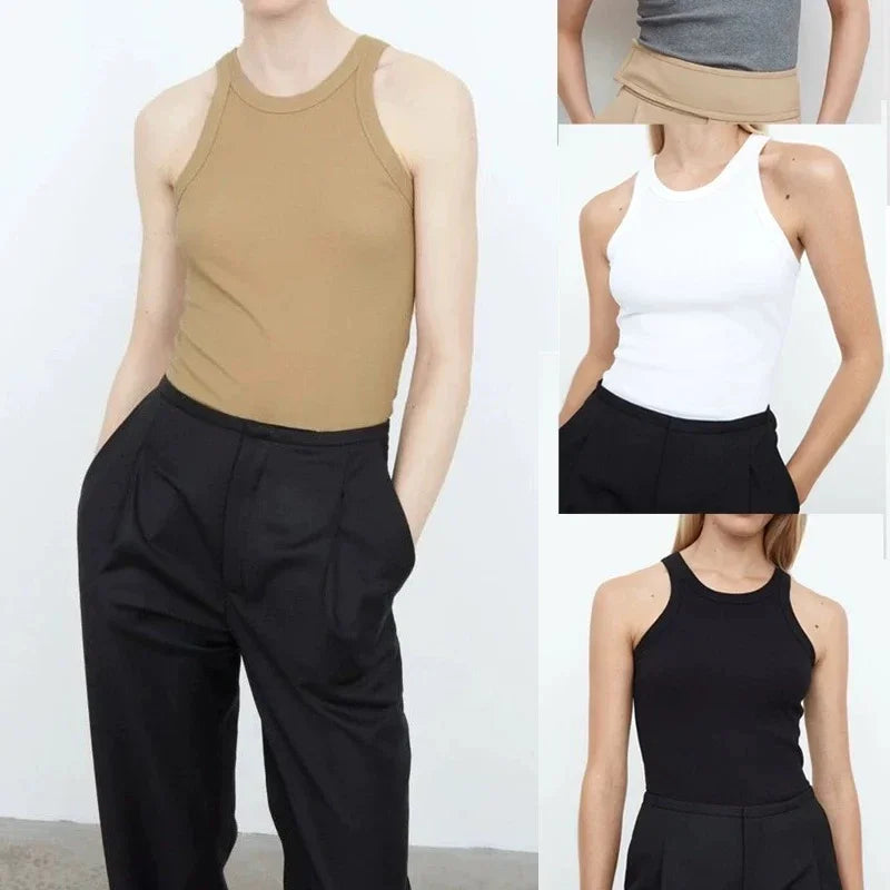 (High Quality)2025 Women Tops Racer Vest Women Solid Color All-match Elastic Cotton Espera Base Vest LUXURY Nordic Style Casual