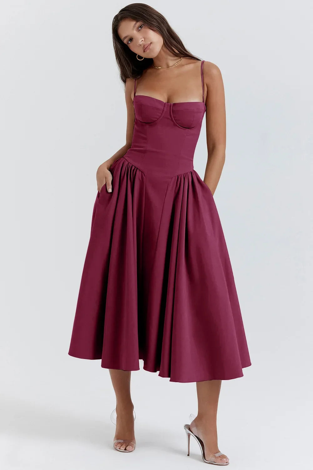 Women's French Style Long Dress with Solid/Floral/Checkered Multi Color Options Knee-Length Dress 2025 New Arrival