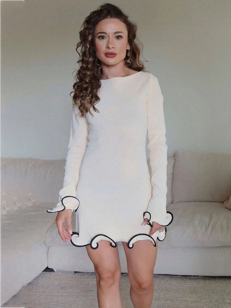 TARUXY Spring New Knitted Mini Dress For Women Fungus Contrast Color Slim Sweater Dress Elegant Female Party Clothes Long Sleeve