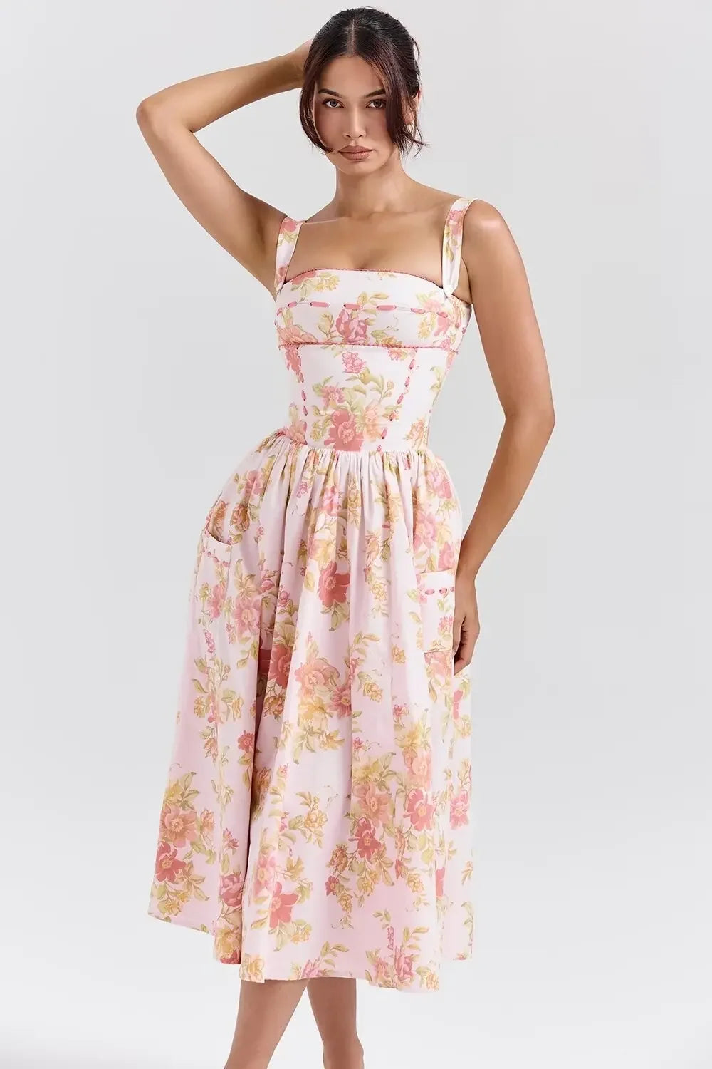 SAW Independent Station Pure Desire Square Collar Dress with Pocket Pink Print Ribbon Corduroy Sleeveless Women's Dress
