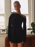 Black Dress For Women Streetwear Lace-up Inclined Collar Hot Vestidos Elegantes Para Mujer Long Sleeve Asymmetrical Y2k Clothes