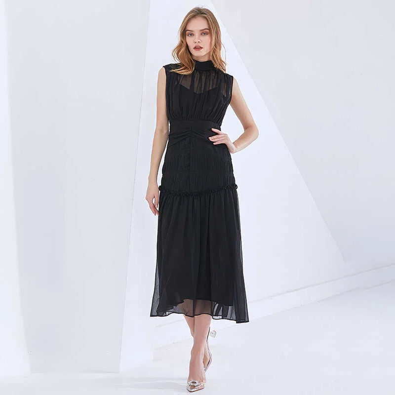 TWOTWINSTYLE Vintage Ruched Dress For Women Stand Collar Sleeveless High Waist Chiffon Midi Dresses Female 2022 Fashion New