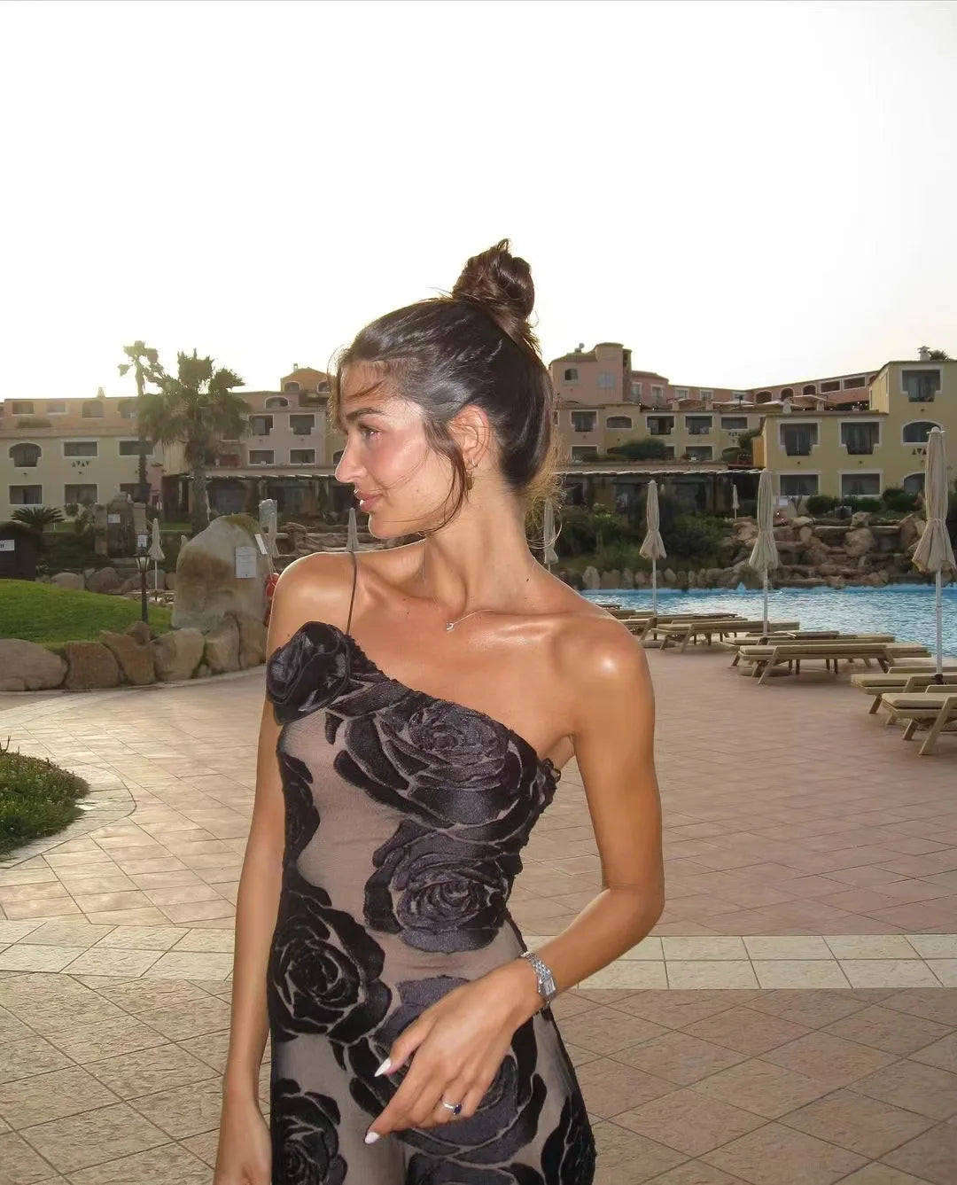 Mingmingxi Black Mesh Birthday Dress for Women 2024 One Shoulder Sexy Long Dress Slim Elegant Flower Wedding Guest Party Dresses