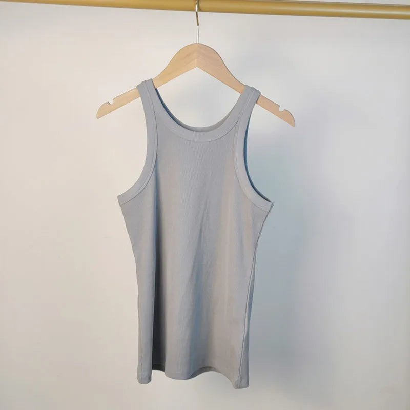 (High Quality)2025 Women Tops Racer Vest Women Solid Color All-match Elastic Cotton Espera Base Vest LUXURY Nordic Style Casual