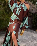 Evening Dresses Vacation Style Elegant Socialite Printed Off Shoulder Slit Dress