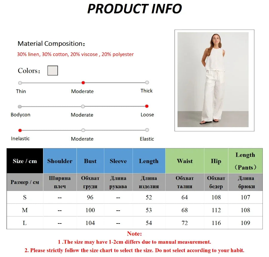 Wolfeel Cotton Linen Vest Wide Leg Long Pants Set Women's Pants Sleeveless Top Casual Suit 2025 Spring Summer New Pant Sets