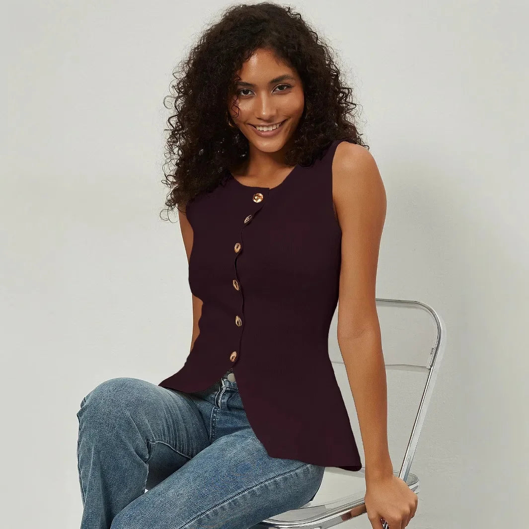 Slim Fit Knitted Vest Single Button Women's Style Cross-Border Clothing Crew Neck Tank Top Fashionable And Stylish