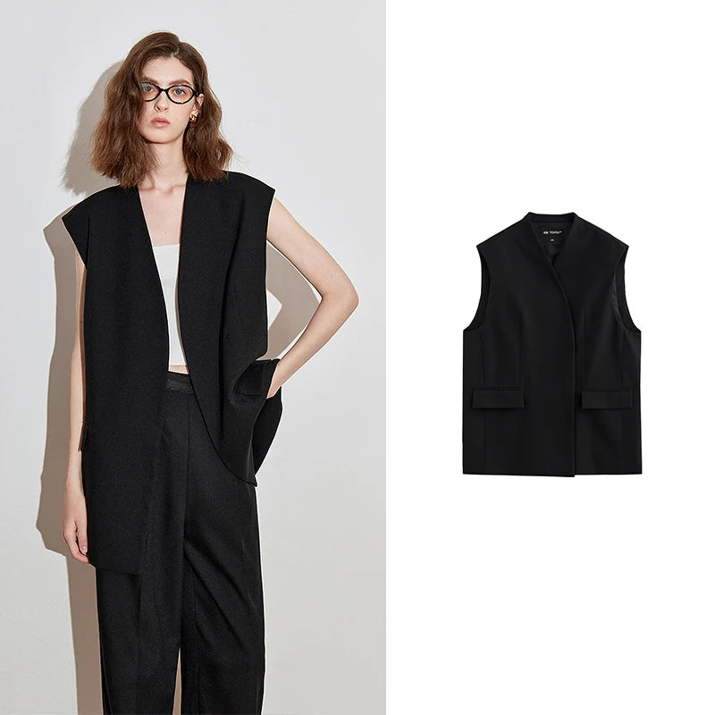 TOYOUTH Women Blazer 2025 Spring New Old Money Style Back Split Mid Length Sleeveless Elegant OL Workwear Jacket