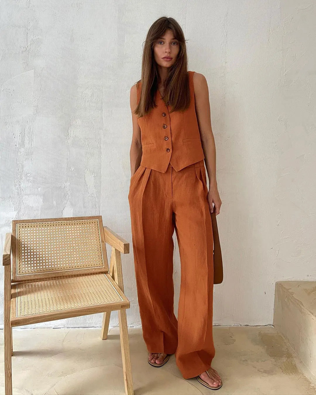 Cotton Linen Blend Vest Wide Leg Pants Suit Spring and Summer Women's Casual Fashion Sleeveless Vest Pleated Low Waist Pants Set