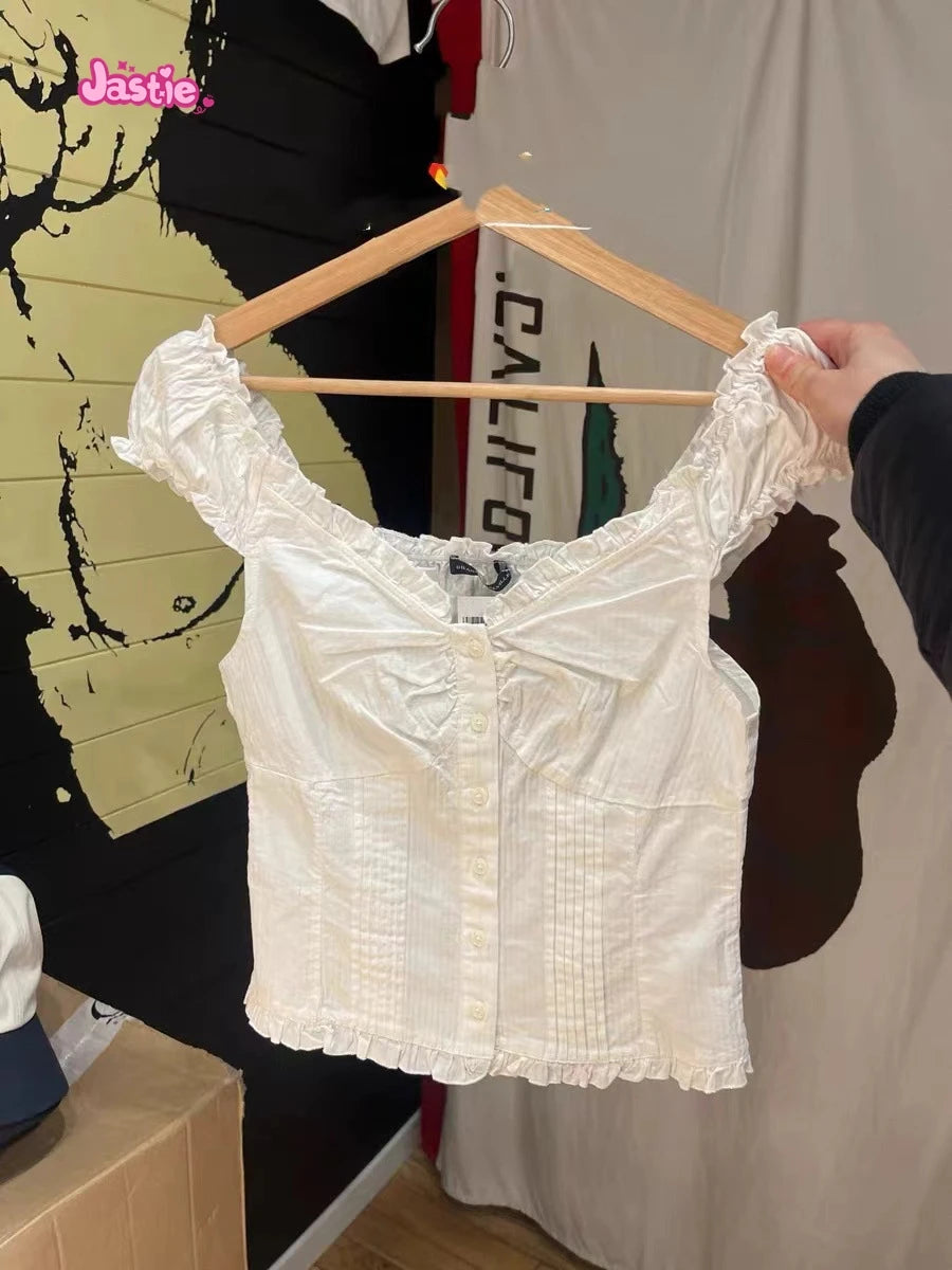 2024 New White Lace Tied Square Neck Summer T-shirts Chic Elegant Short Sleeve Tee Cotton Y2K Street Casual Bow Tie-up Top Women