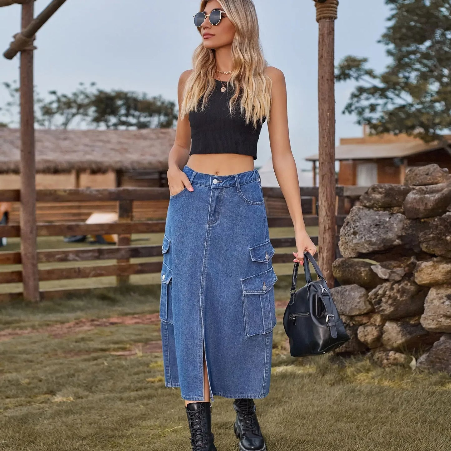 American Style Elastic Waist Denim Workwear Casual Long Dress Skirt New Arrival Women's Clothing European And American Crossbody
