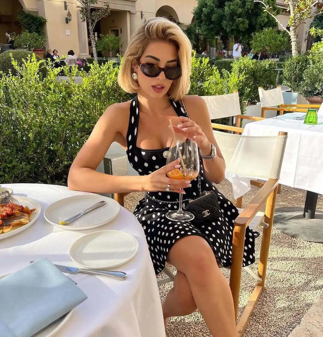 Tuularose Knit Backless Short Dress Women's High Waist Sleeveless Polka Dot Neck Dress Elegant Vintage Party Evening Dress 2025