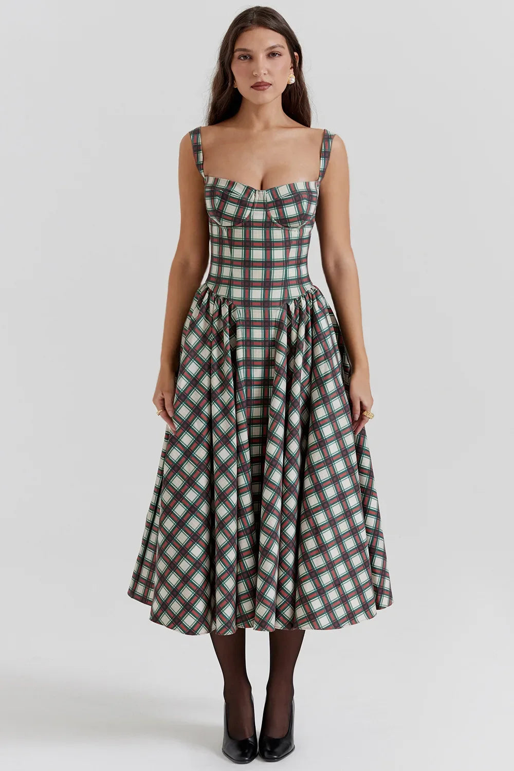 Women's French Style Long Dress with Solid/Floral/Checkered Multi Color Options Knee-Length Dress 2025 New Arrival