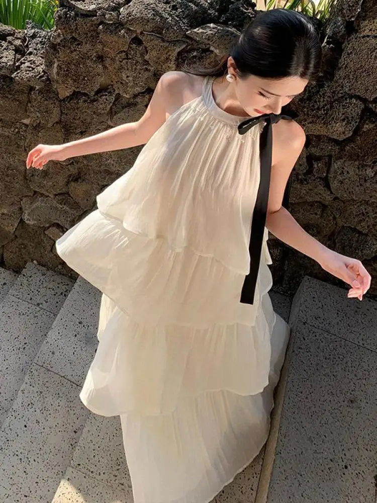 Vintage Women Beige Elegant Off Shoulder Evening Party Dress Summer Sleeveless Vacation Pleated Halter Cake Long Sundress Simple