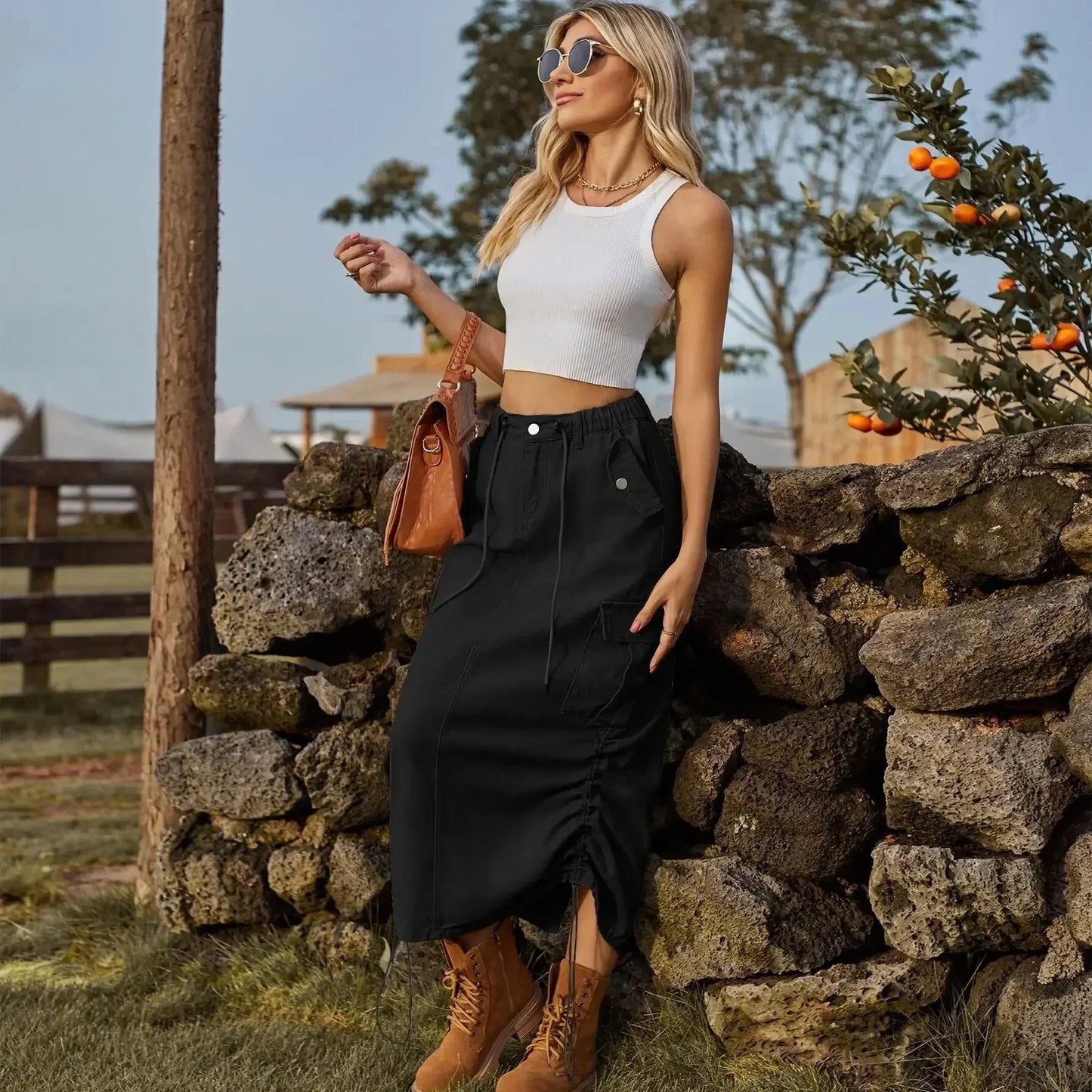 Leisure elastic waist work dress, fashionable women's mid length skirt