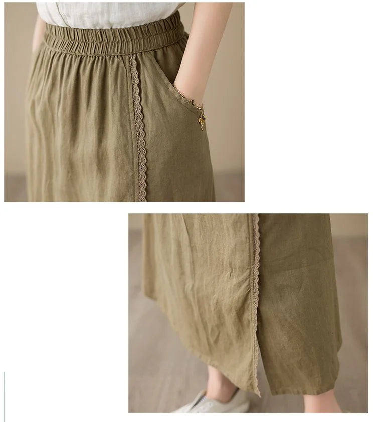High Waist Casual Embroidery Skirts Women New Arrival 2024 Summer Vintage Style Solid Cotton Linen Female A-line Long Skirt