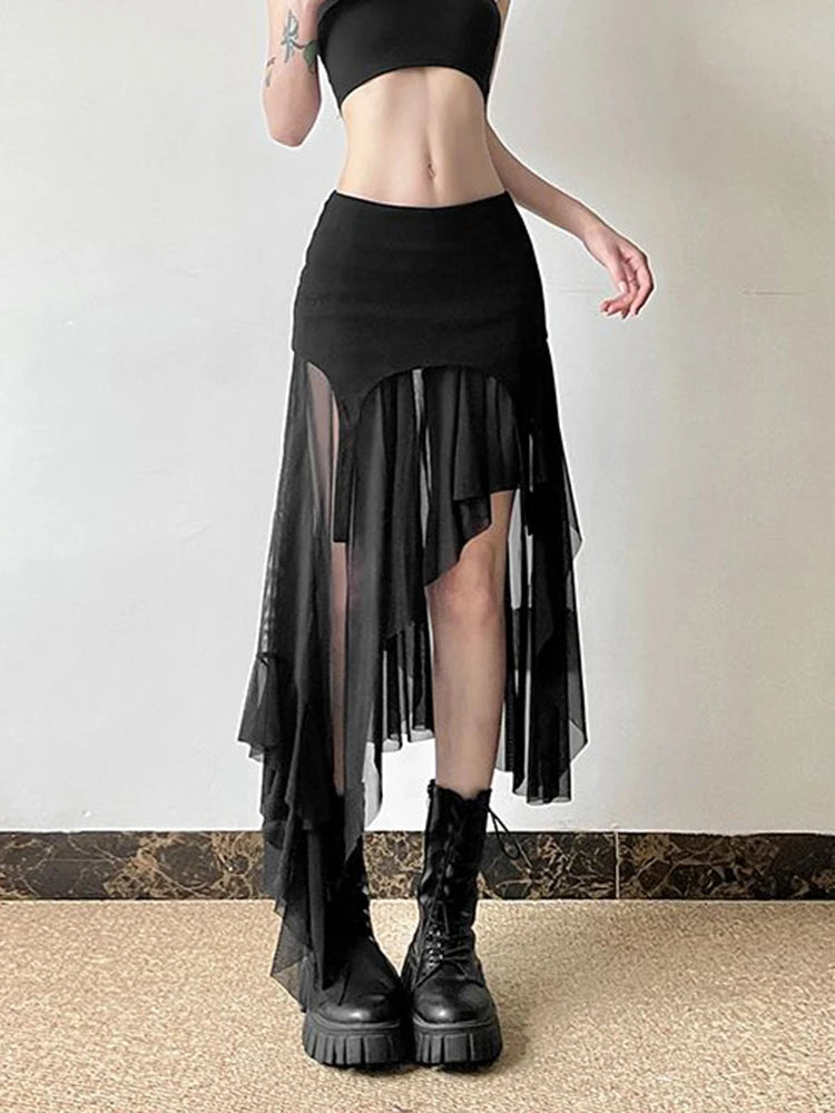 Zoki Sexy Irregular Y2K Skirts Women Vintage American High Waist Slim Slit Long Skirt Casual Lady Streetwear Retro Summer Skirts